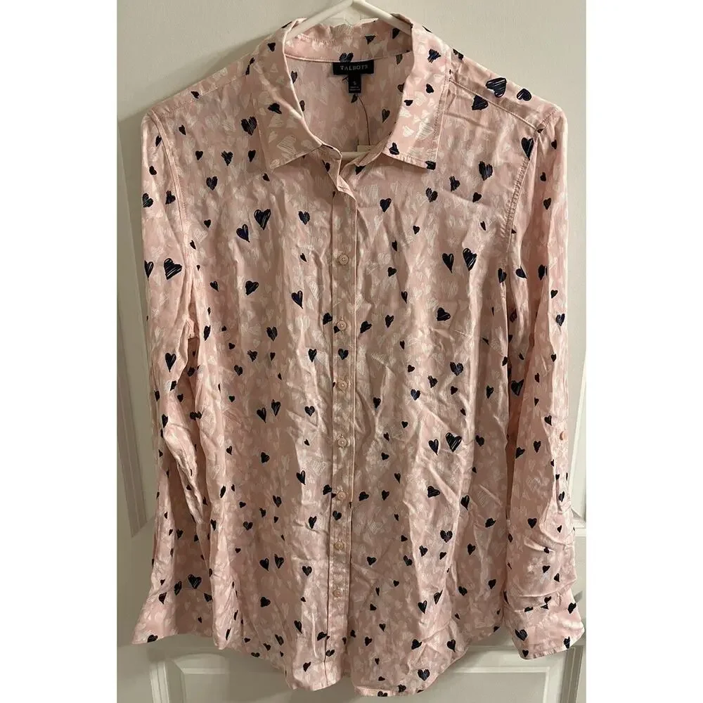 Talbots Shirt Blouse‎ Womens Size Small Pink Blue Hearts Button Down Rayon NWT - Picture 5 of 5